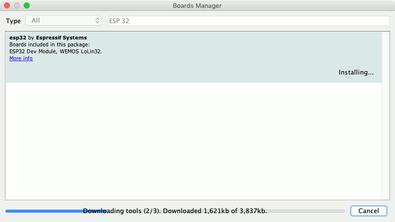 Mac-Arduino-IDE-1.8.9-Boards-Manager-window-with-ESP-32-core-being-installed
