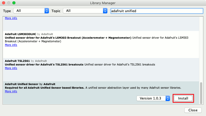 Mac Arduino IDE 1.8.9 Library Manager with Adafruit Unified Sensor as one of the installation options