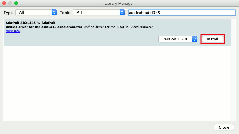 Mac Arduino IDE 1.8.9 Library Manager with Adafruit adxl345 library as one of the installation options