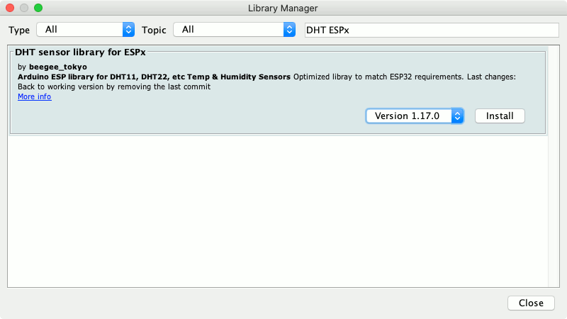 Mac Arduino IDE 1.8.9 Library Manager with libraries filtered by DHT sensor library for ESPx