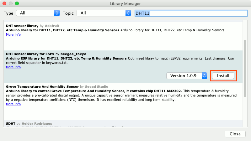 Mac Arduino IDE 1.8.9 Library Manager with libraries filtered by DHT11 and DHT sensor library for ESPx highlighted