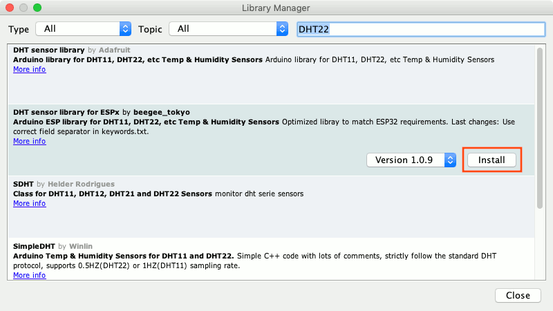 Mac Arduino IDE 1.8.9 Library Manager with libraries filtered by DHT22 and DHT sensor library for ESPx highlighted