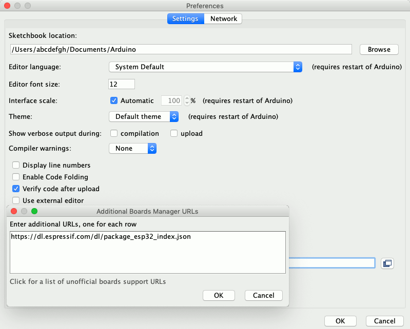Mac-Arduino-IDE-1.8.9-Preferences-window-with-ESP32-core-url-inside-additional-board-managers-urls