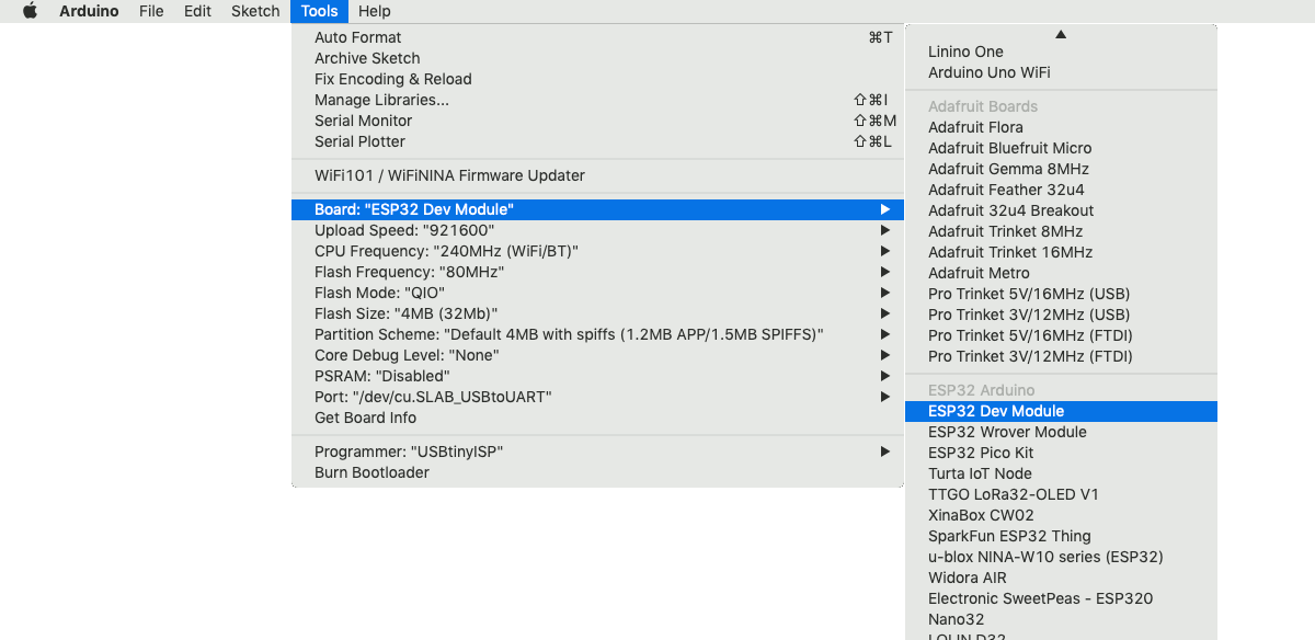 Mac-Arduino-IDE-1.8.9-selecting-ESP32-Dev-Module-as-the-board-to-flash-program-to