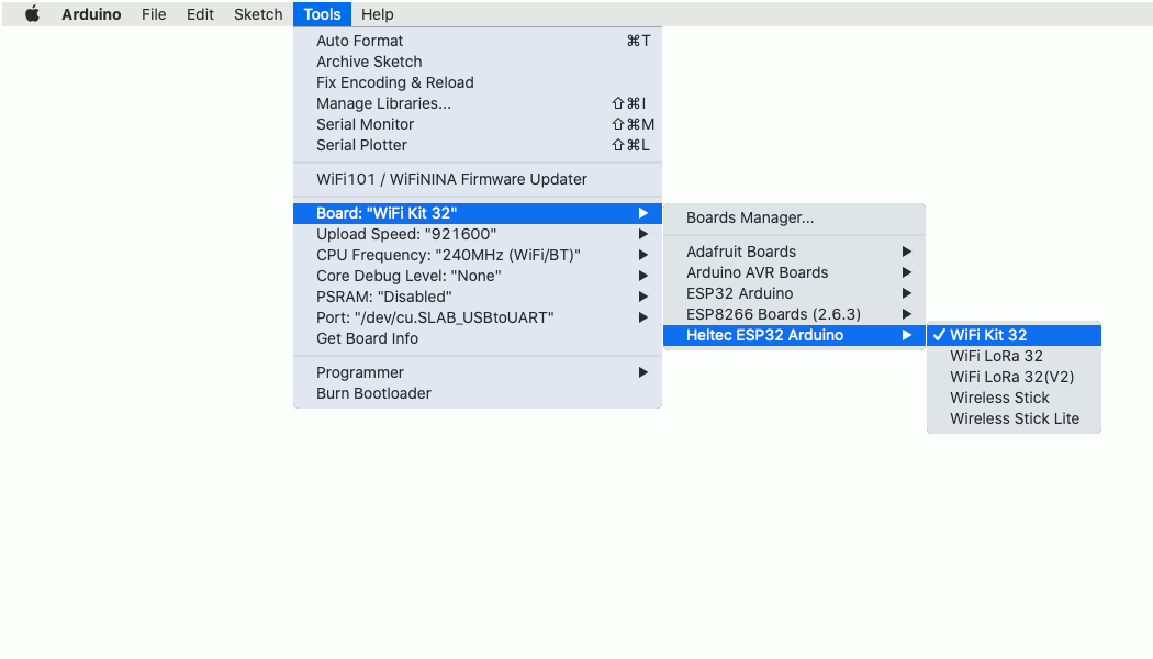 Mac Arduino IDE 1.8.9 selecting Heltec ESP32 WiFI Kit 32 board