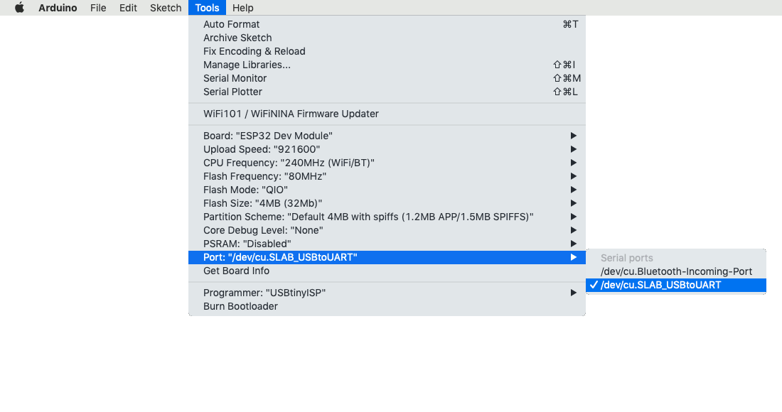 Mac-Arduino-IDE-1.8.9-selecting-slab_USBtoUART-as-the-port-to-flash-program-to