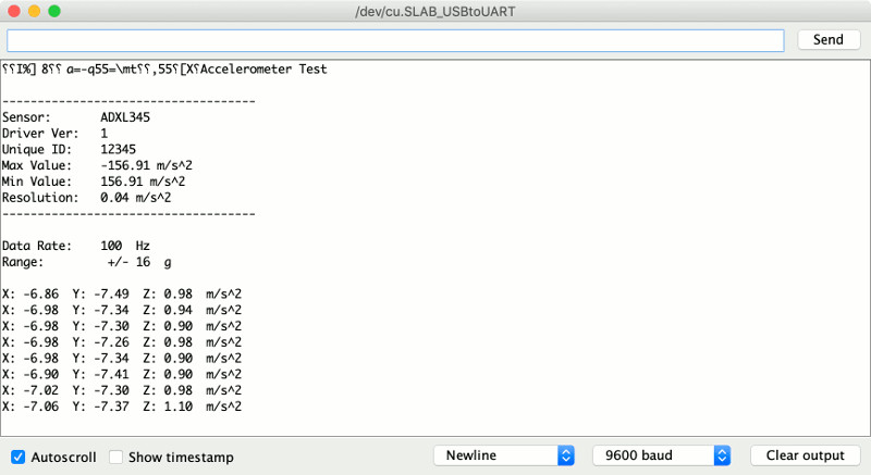 Mac Arduino IDE 1.8.9 serial monitor output for Adafruit_ADXL345 example