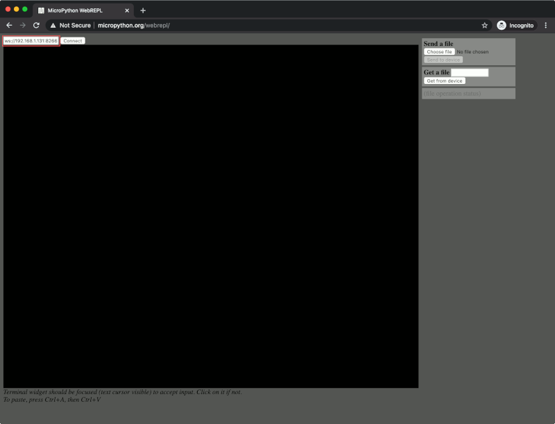 MicroPython WebREPL client with 192.168.1.131 as the IP address and 8266 as the port to connect to the WebREPL server on an ESP32 board