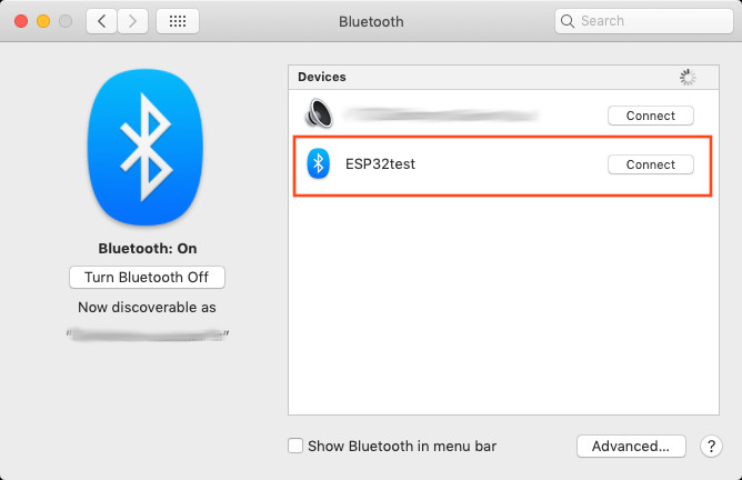 My Mac Bluetooth window show ESP32test as an available Bluetooth device