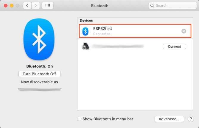My Mac Bluetooth window showing ESP32test as connected