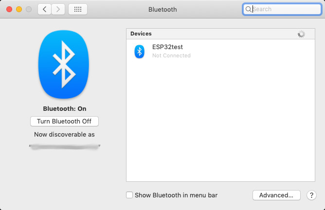 My Mac Bluetooth window showing ESP32test as not connected