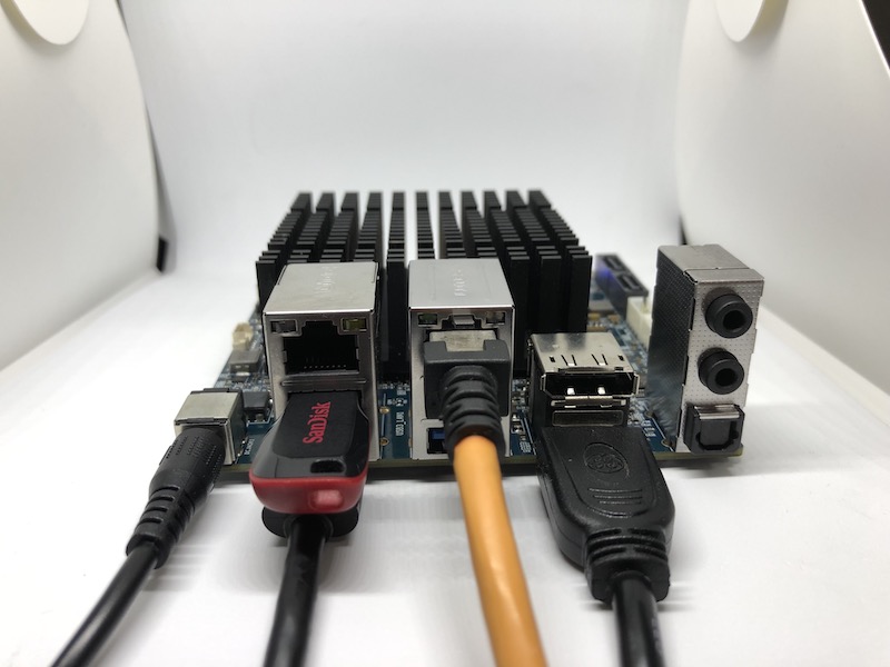 Odroid H2 board connected to USB hub, RJ45 cable, HDMI cable, power adapter and bootable USB Flash drive