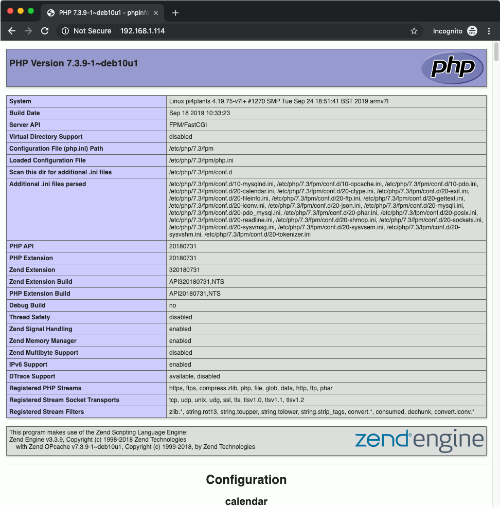 PHP 7.3.9 phpinfo output running on Raspbian Buster Lite LEMP stack