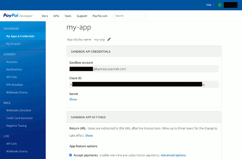 PayPal App my-app details page