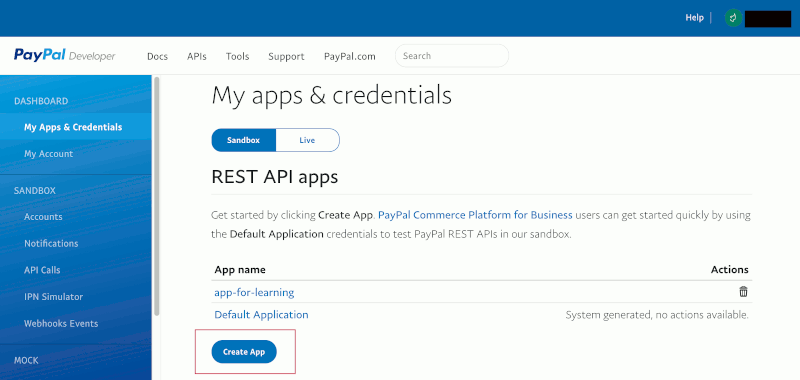 PayPal developer portal My apps and credentials screen with Create App button highlighted