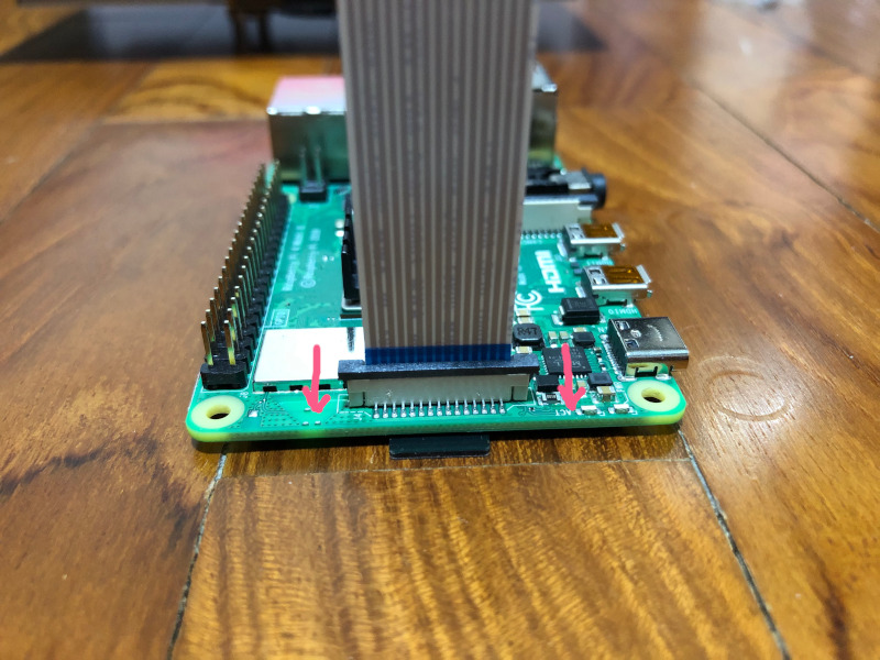 Pi 4B with DSI ribbon cable tightened to DSI port