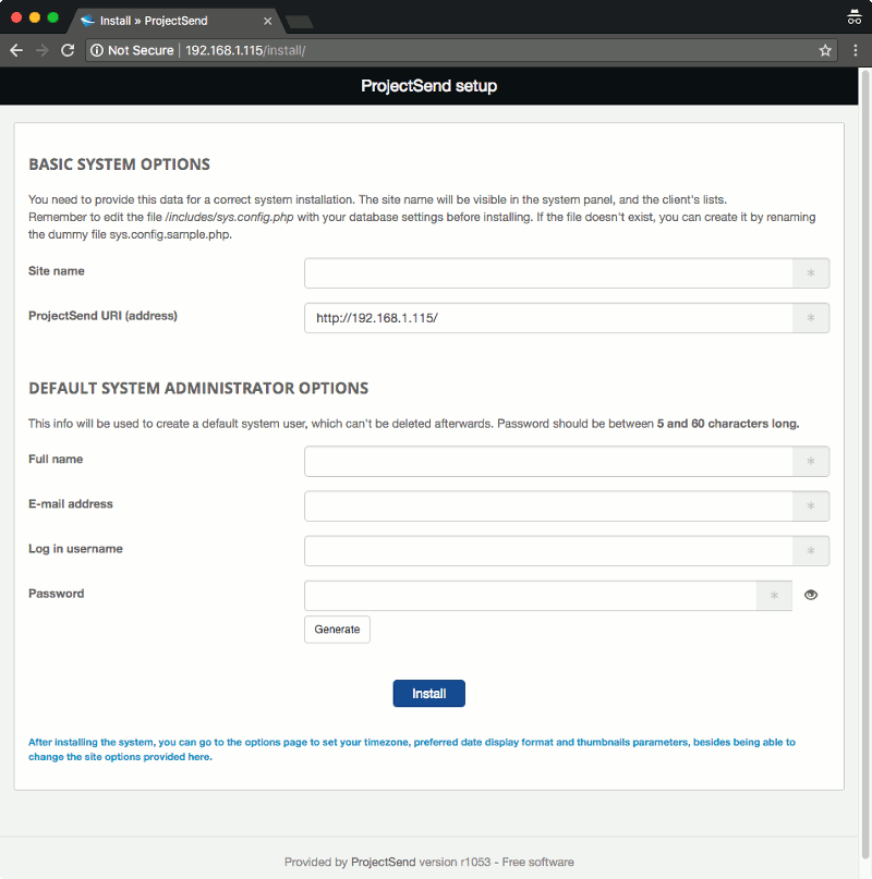 ProjectSend r1053 setup page