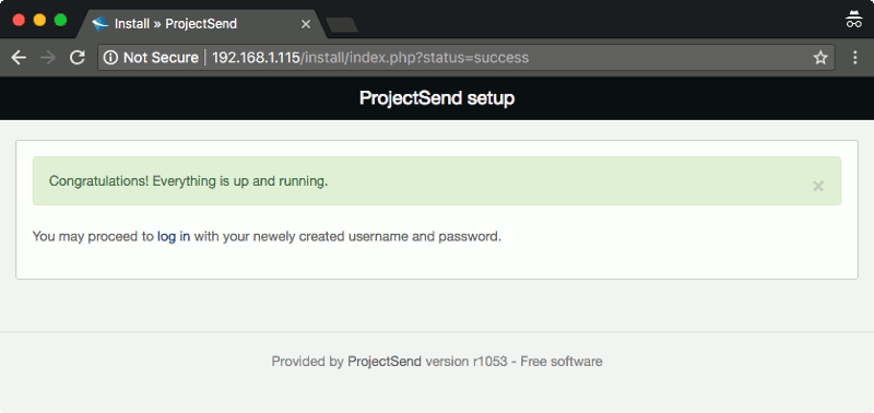 ProjectSend r1053 setup success page