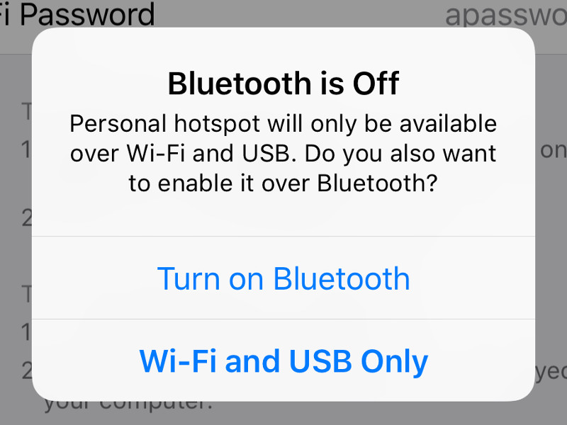 Prompt to turn on Bluetooth or continue with enabling Personal hotspot through Wi-Fi and USB only