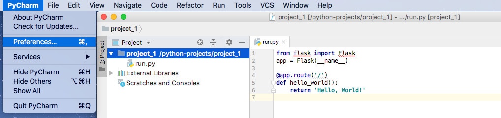 PyCharm CE Version 2018.2.3 Preferences Menu Item highlighted for project_1