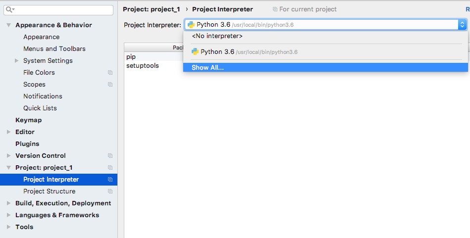 PyCharm CE Version 2018.2.3 Project Interpreter dropbox collapsed with Show All.. highlighted