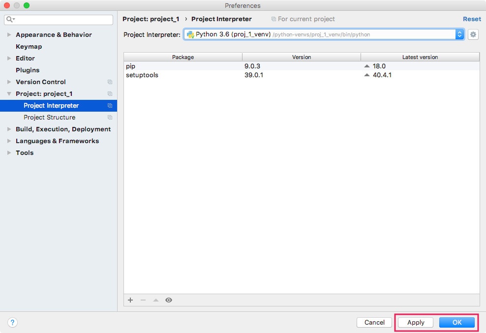 PyCharm CE Version 2018.2.3 Project Interpreter with proj_1_venv as the virtual environment with Apply and OK button highlighted