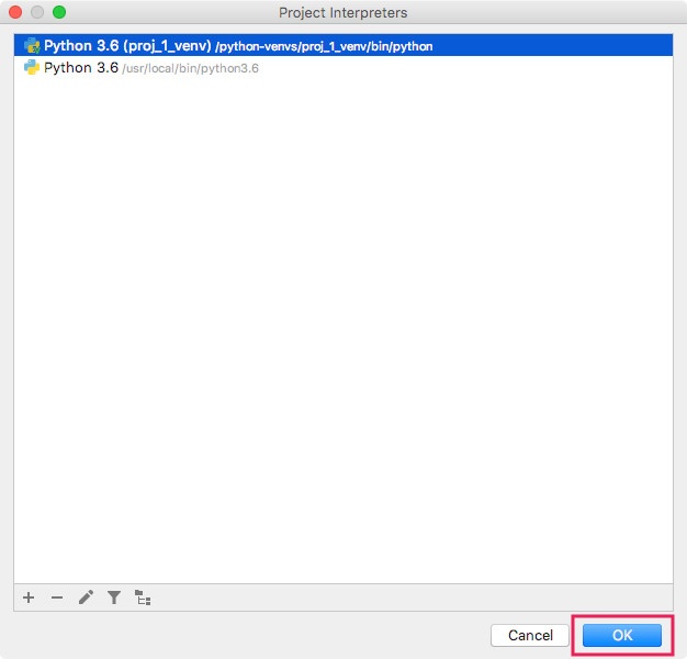 PyCharm CE Version 2018.2.3 Project Interpreters Dialog with 2 Python environments and Ok button highlighted