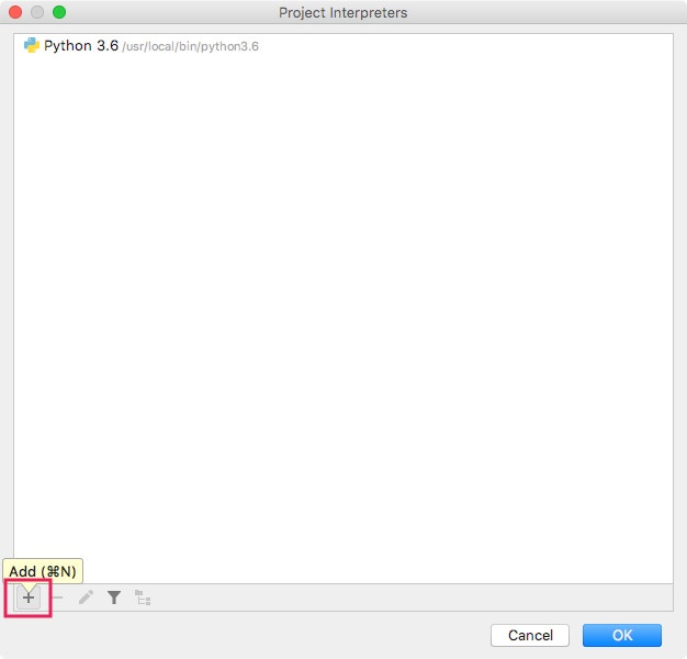 PyCharm CE Version 2018.2.3 Project Interpreters Dialog with + button highlighted
