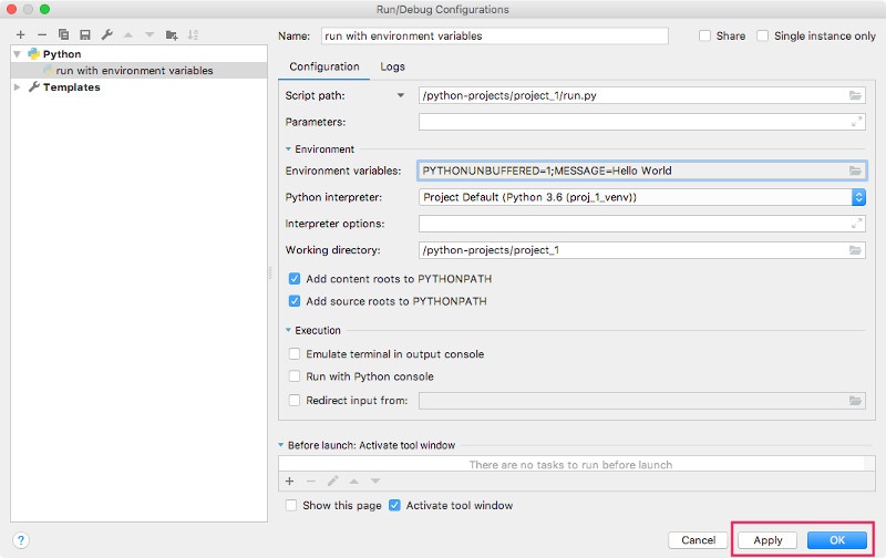 PyCharm CE Version 2018.2.3 Run Debug Configurations screen with 2 environment variables set