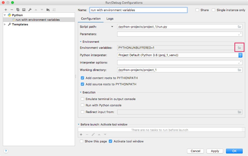 PyCharm CE Version 2018.2.3 Run Debug Configurations screen