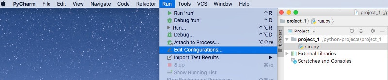 PyCharm CE Version 2018.2.3 Selecting Edit Configurations... from Run Menu