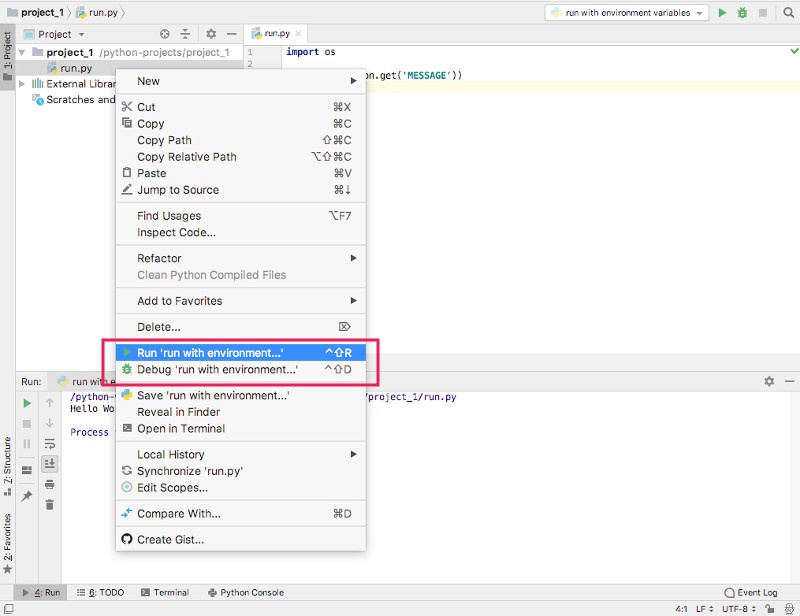 PyCharm CE Version 2018.2.3 editor with new run configurations for running and debugging a script