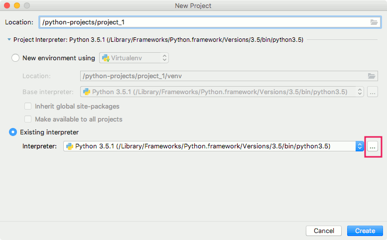 PyCharm CE Version 2018.2.3 new project options screen with existing interpreter chosen