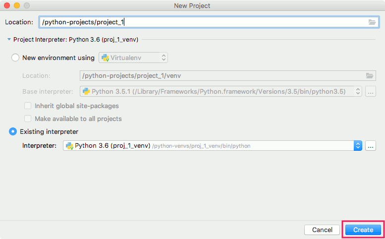 PyCharm CE Version 2018.2.3 new project options screen with proj_1_venv chosen as the Python Interpreter for new project