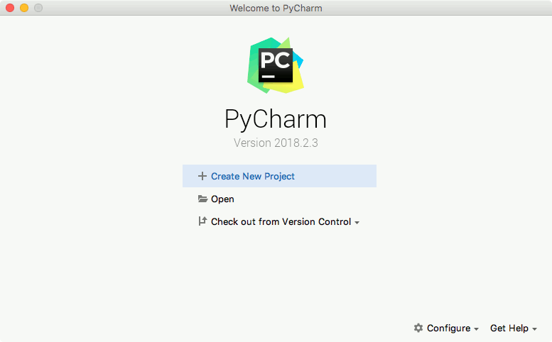 PyCharm CE Version 2018.2.3 starting screen