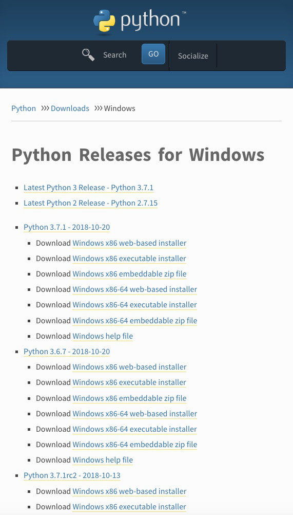 Python 3 download page for Windows as of 20181115