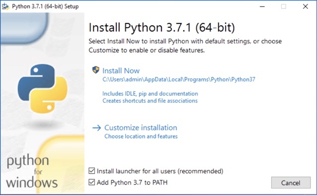 Python 3.7.1 (64-bit) Windows Setup first page