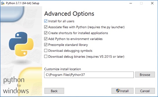 Python 3.7.1 (64-bit) Windows setup Advanced Options screen