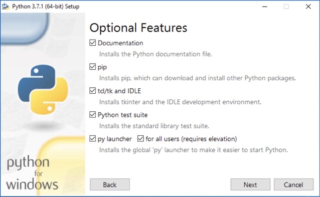 Python 3.7.1 (64-bit) Windows setup Optional Features screen