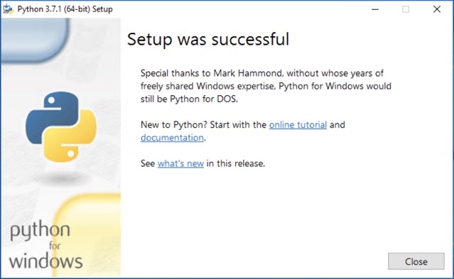 Python 3.7.1 (64-bit) Windows setup successful screen