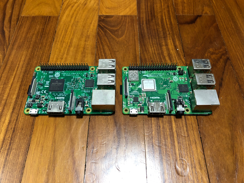 Raspberry Pi 3 B and 3 B+ side by side