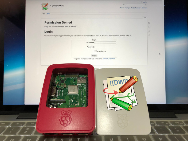 Raspberry Pi 3 with DokuWiki window as the background