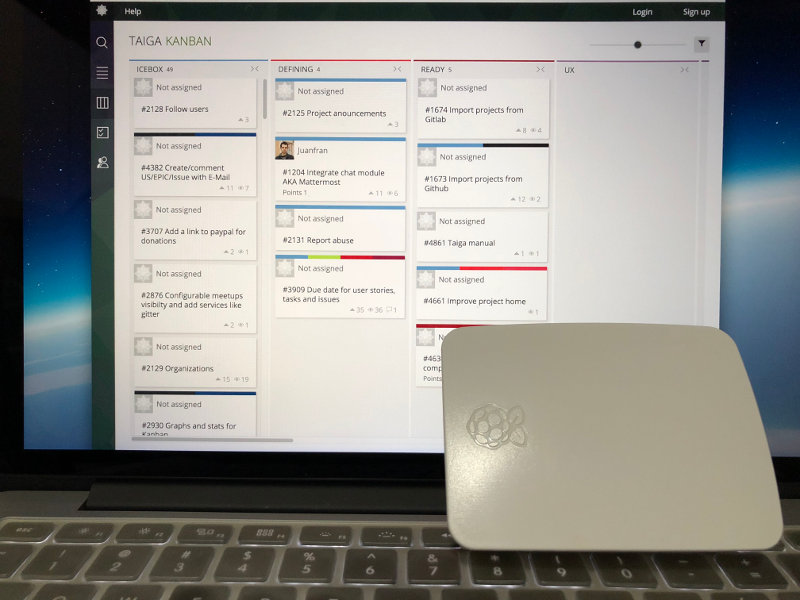 Raspberry Pi 3 with Taiga sample kanban board as background