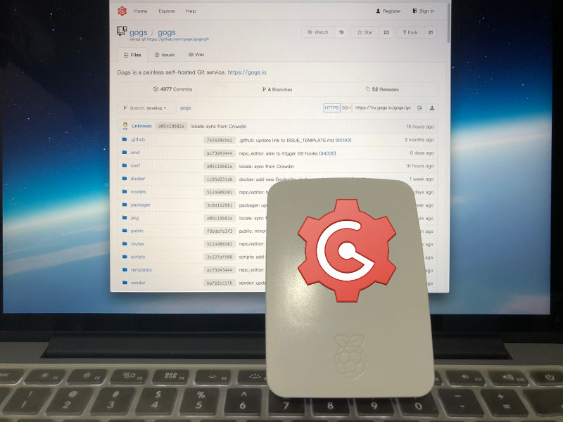 Raspberry Pi 3 with gogs window at the background