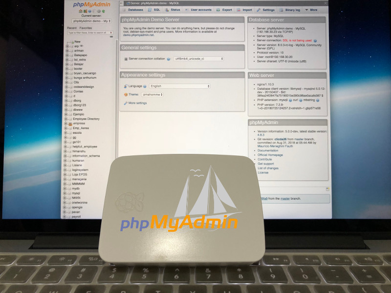 Raspberry Pi 3 with phpMyAdmin window as the background