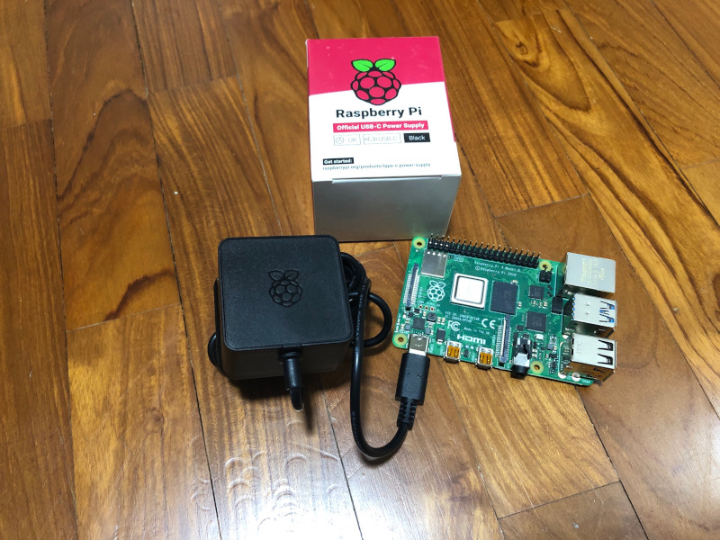 Raspberry Pi 4 Model B with Official Raspberry Pi 4 power supply and box