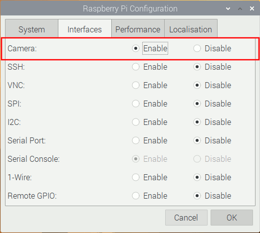 Raspberry Pi Configuration Interfaces tab on Raspbian Buster 20191007 with Camera being enabled