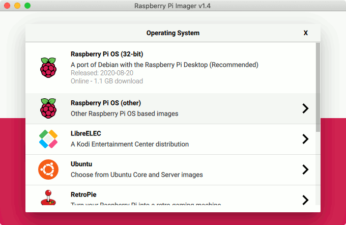 Raspberry Pi Imager 1.4 operating system selection list