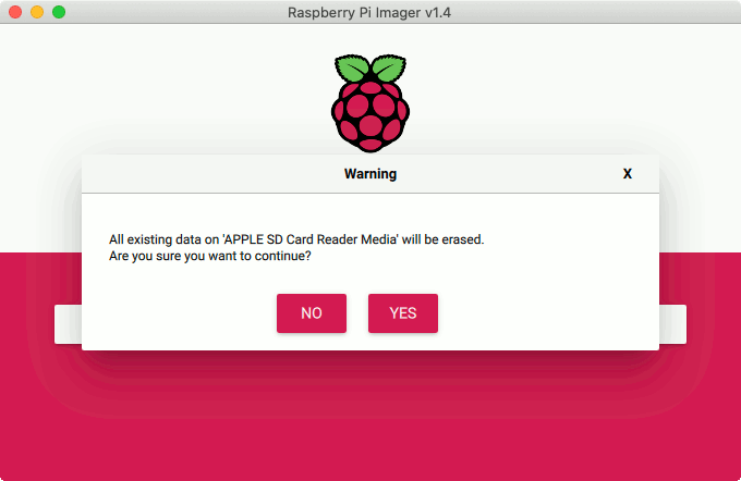 Raspberry Pi Imager v1.4 after clicking on WRITE on first screen