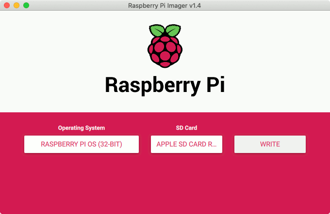 Raspberry Pi Imager v1.4 after selecting Raspberry Pi OS (32-BIT) as the operating system to install and microSD card to write to